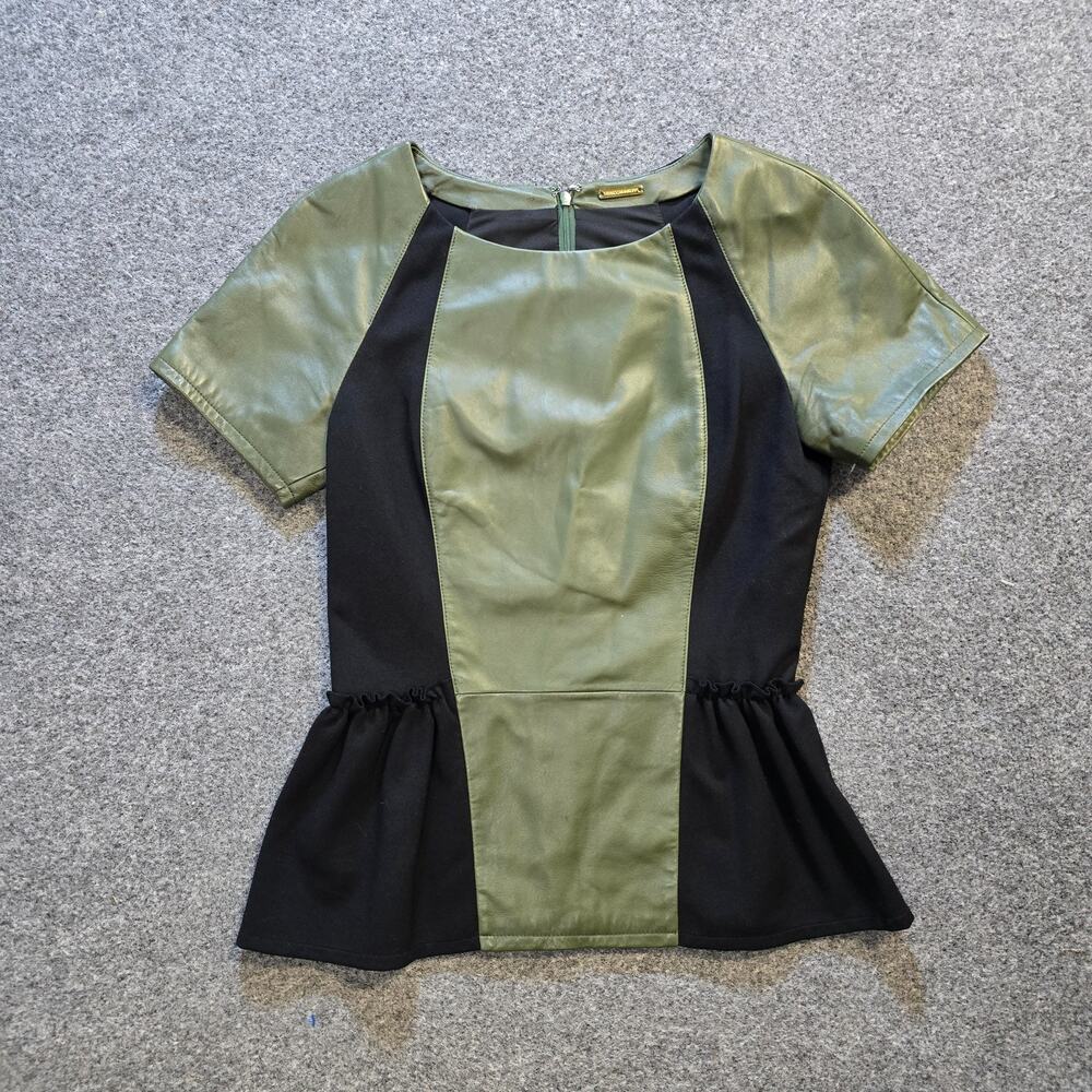 Rebecca Minkoff Top Women Size 10 Green Lamb Leather Peplum Short Sleeve Capsule